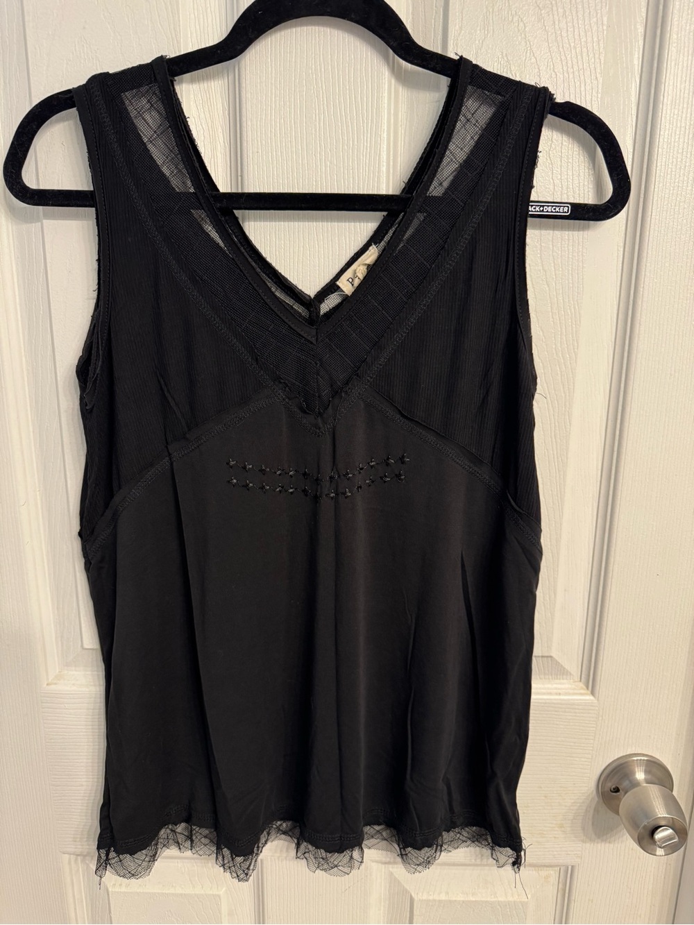 POL Black Sleeveless V-Neck Tank with Lace Trim and Stud Detail